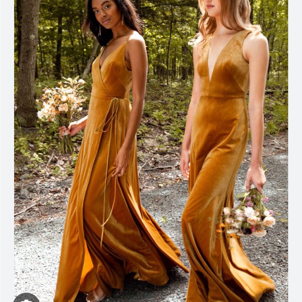 Jenny Yoo Gold Plunge Neck Sleeveless Gown- Logan